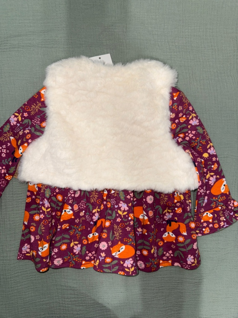 NWT Baby Essentials Fox Print Dress & Faux Fur Vest Set 6M Purple - Picture 3 of 3